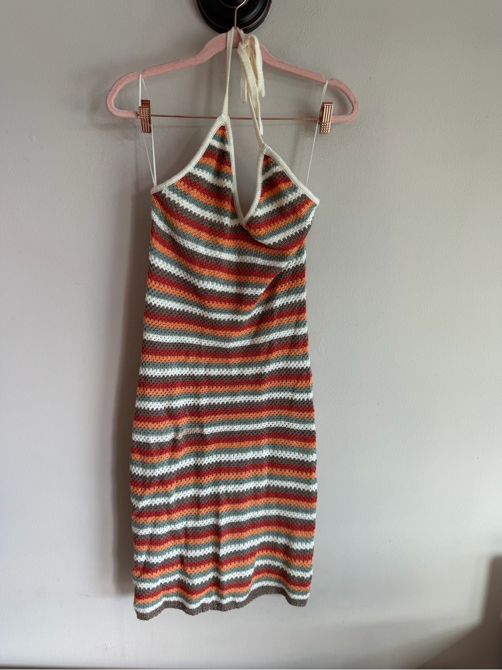 No Comment Striped Crochet Halter Mini Dress Large Boho Festival